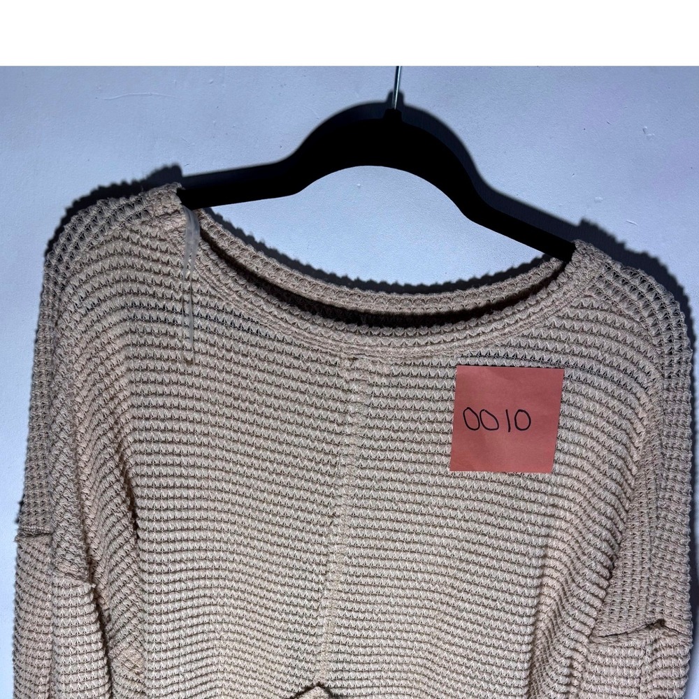 Peach Love California Waffle Knit Sweater Beige Tan Balloon Sleeve Cropped L - Picture 3 of 3